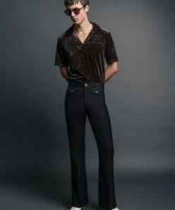 Black Wool Gold Button Flare Trouser