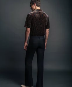 Black Wool Gold Button Flare Trouser -US Clothing Shop QOA06013