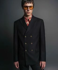 Black Wool Gold Button Double Breasted Blazer