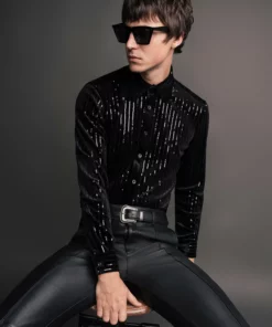 Black Velvet Sequin Pinstripe Shirt