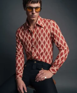 Orange Art Deco Arch Geometric Viscose Shirt -US Clothing Shop QOA06444