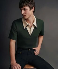 Front Page 31 Green Carnaby Circle Zip Cotton Polo Shirt