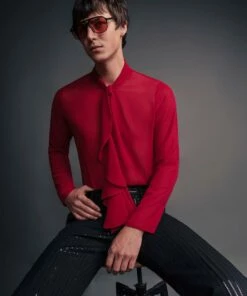 Front Page 33 Red Chiffon Ruffle Collar Shirt
