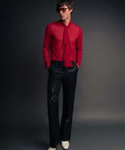 Red Chiffon Ruffle Collar Shirt -US Clothing Shop QOA07029