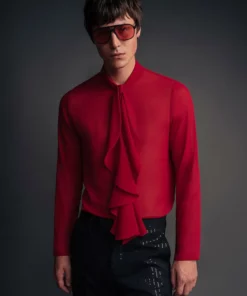 Red Chiffon Ruffle Collar Shirt -US Clothing Shop QOA07037