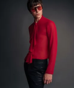 Red Chiffon Ruffle Collar Shirt -US Clothing Shop QOA07039