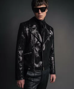 Asymmetric Black Sequin Biker Jacket -US Clothing Shop QOA07155