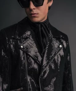Asymmetric Black Sequin Biker Jacket -US Clothing Shop QOA07178