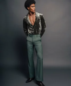 Light Green Wool Pin Belt Flare Trousers