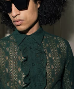 Green Lace Long Sleeve Ruffle Shirt