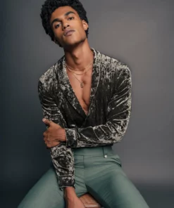 Green Crushed Velvet Shawl Collar Shirt -US Clothing Shop QOA07555