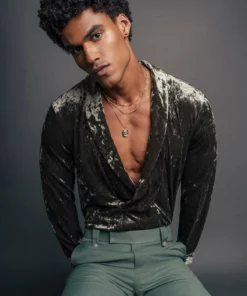 Green Crushed Velvet Shawl Collar Shirt