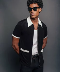 Terry Black 70's Full Zip Polo