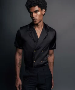 Black Satin Ruffle Lapel Shirt