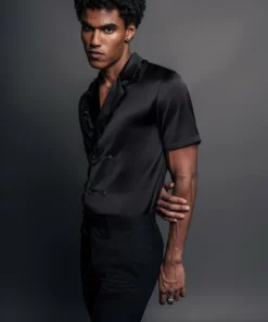 Black Satin Ruffle Lapel Shirt -US Clothing Shop QOA08535