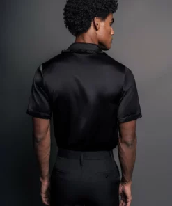 Black Satin Ruffle Lapel Shirt -US Clothing Shop QOA08554