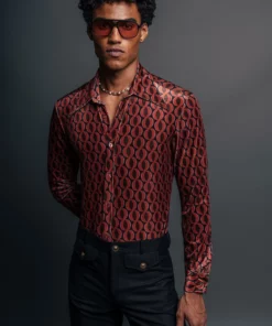 Orange 60's Geometric Spherical Print Velvet Shirt