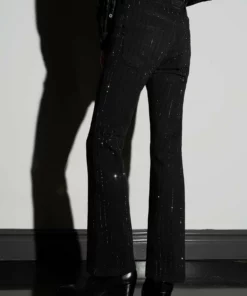 Black Diamante Pin Stripe Denim Flare Jeans -US Clothing Shop QOA08845