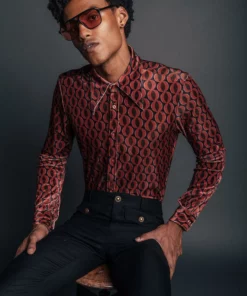 Orange 60's Geometric Spherical Print Velvet Shirt -US Clothing Shop QOA08877