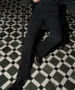 Black Diamante Pin Stripe Denim Flare Jeans -US Clothing Shop QOA08988