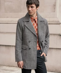 Dogtooth Check Double Breasted Wool Coat -US Clothing Shop QOA09329