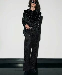 Velvet Rhinestone Embellished Flare Trousers -US Clothing Shop QOA09468