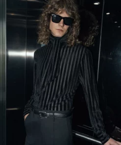 Velvet Stripe Tie Neck Shirt