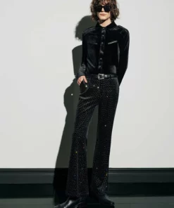 Velvet Rhinestone Embellished Flare Trousers