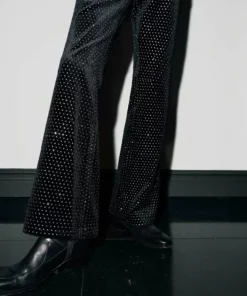 Velvet Rhinestone Embellished Flare Trousers -US Clothing Shop QOA09570