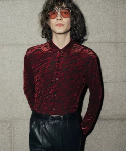 Red Zebra Print Striped Velvet Shirt -US Clothing Shop QOA09793