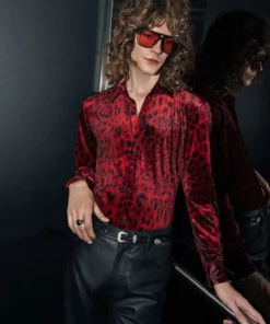 Red Leopard Velvet Shirt -US Clothing Shop QOA09856