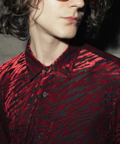 Red Zebra Print Striped Velvet Shirt -US Clothing Shop QOA09872