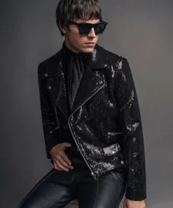Asymmetric Black Sequin Biker Jacket -US Clothing Shop SequinBikerJacketFrontw