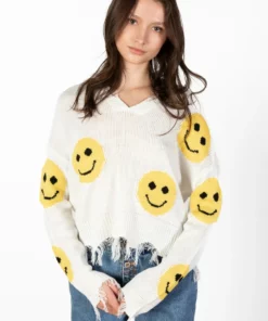 White Distressed Smiley Sweater
