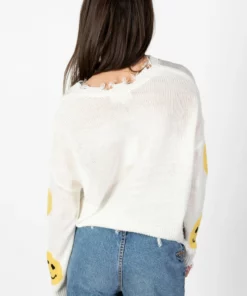 White Distressed Smiley Sweater -US Clothing Shop White Distressed Smiley Sweater 3 86676.1678229485
