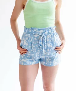 Baby Blue Floral Paperbag Waist Shorts