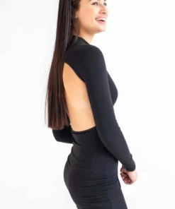 Black Backless Mock Neck Long Sleeve Dress