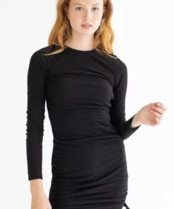 Black Brushed Ruched Sides Ribbed Dress