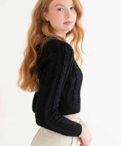 Black Cable Knit Cropped Sweater