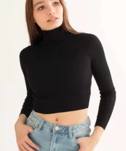 Black Ribbed Cropped Turtleneck Sweater