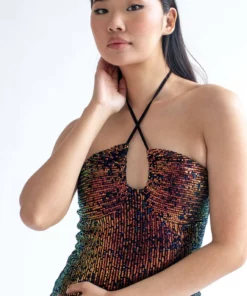 Black Disco Sequin Halter Mini Dress