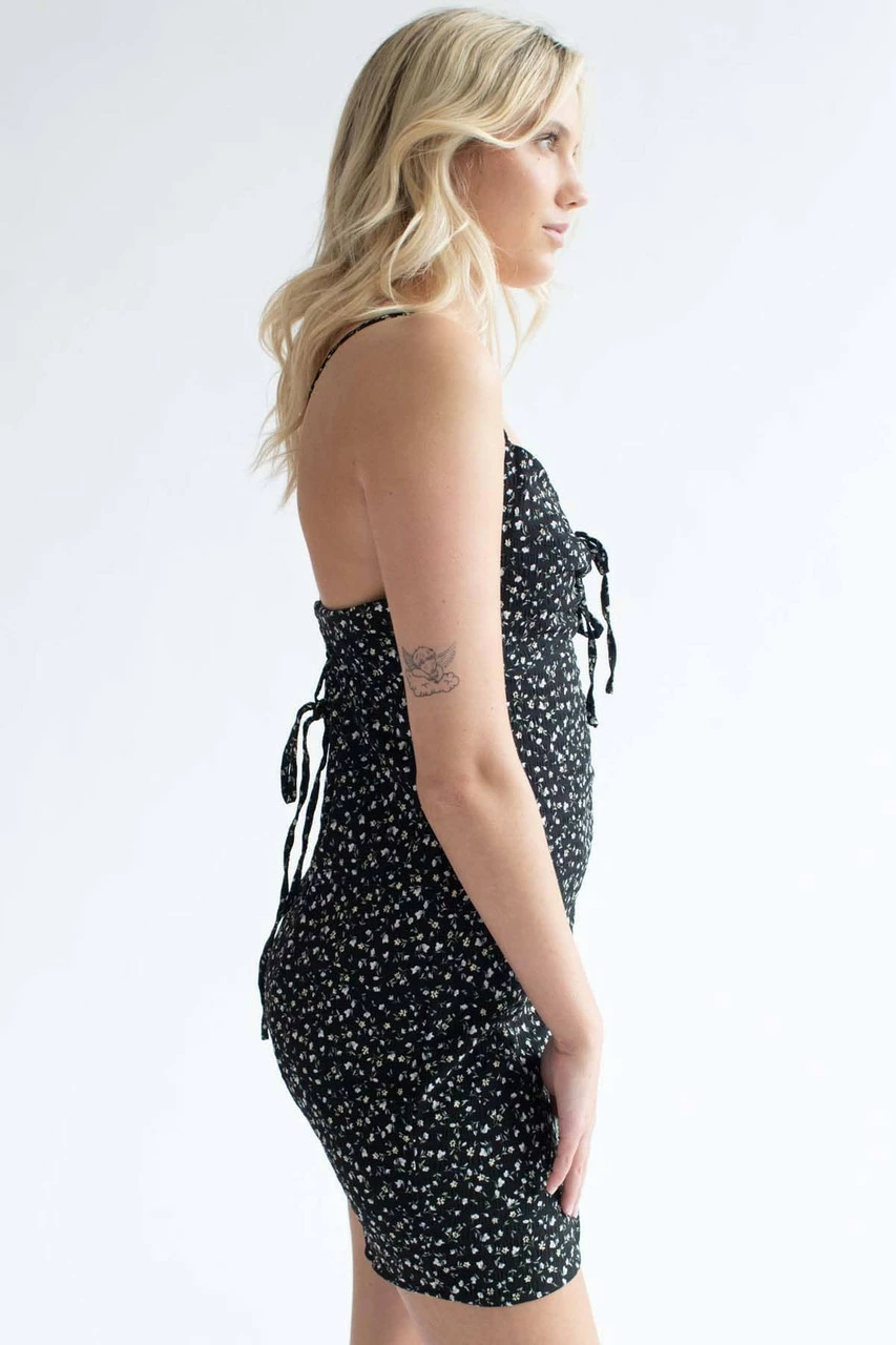 Black Ditsy Floral Tie Bust Mini Dress 2 Black Ditsy Floral Tie Bust Mini Dress - Image 2