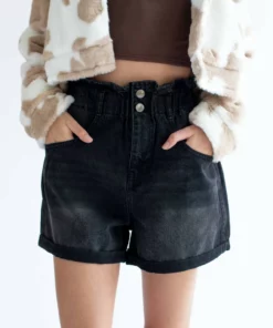 Black Paperbag Waist Denim Shorts