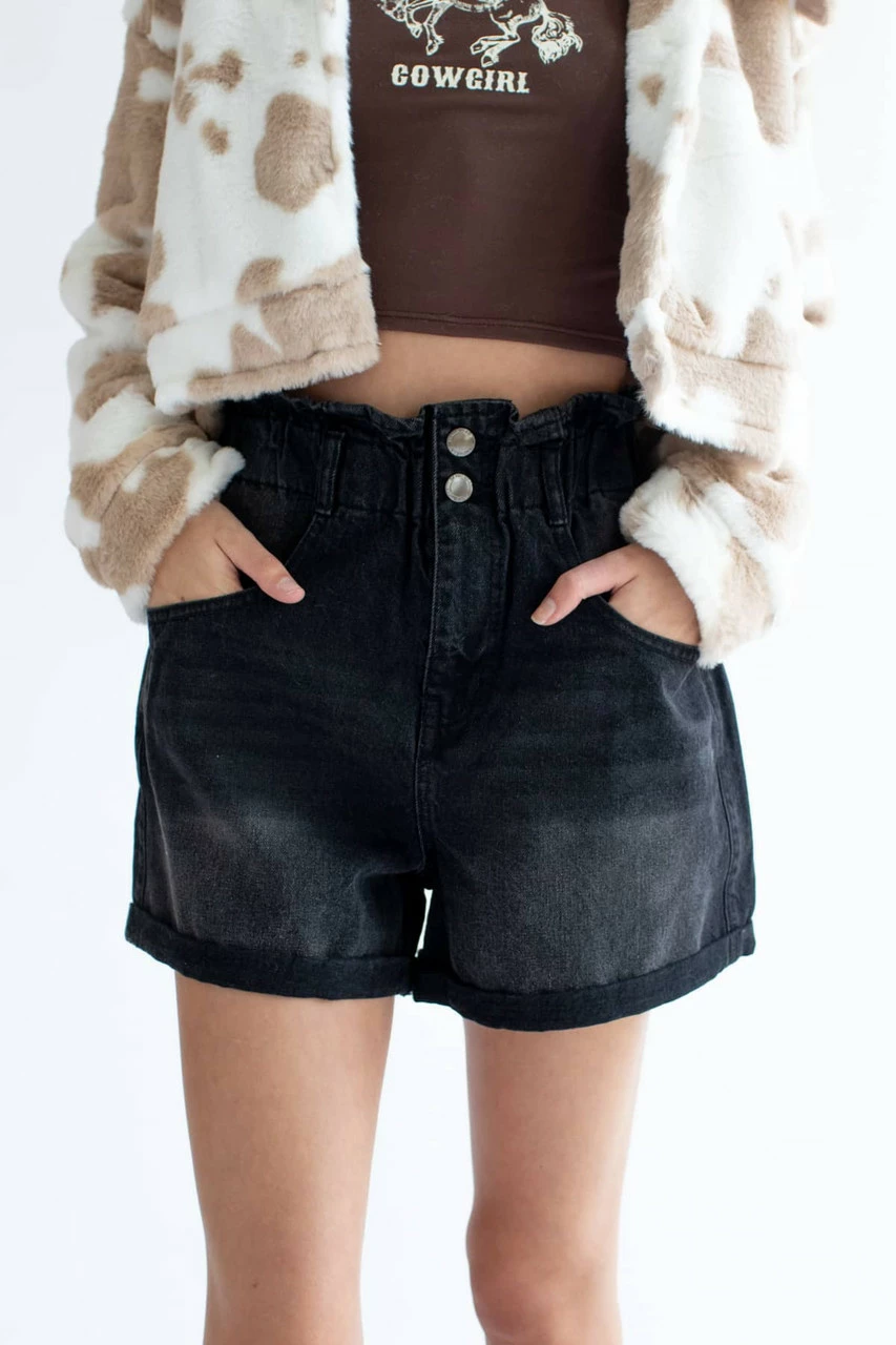 Black Paperbag Waist Denim Shorts 1 Black Paperbag Waist Denim Shorts