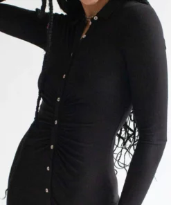 Black Ruched Long Sleeve Shirt Dress -US Clothing Shop black ruched long sleeve shirt dress 4 43310.1692308962