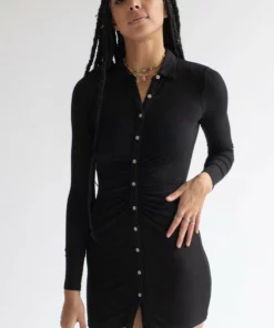 Black Ruched Long Sleeve Shirt Dress