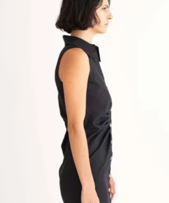 Black Ruched Sleeveless Shirt Dress