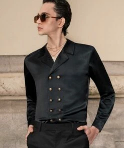Black Double Breasted Satin Shirt