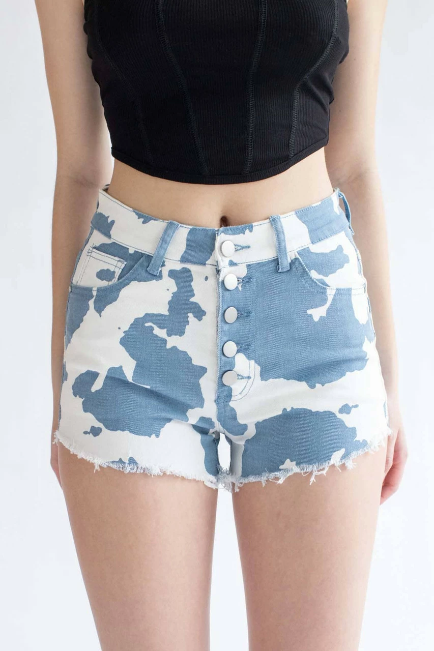 Blue Cow Print Denim Shorts 2 Blue Cow Print Denim Shorts - Image 2