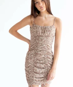 Brown Floral Cinched Front Milkmaid Dress